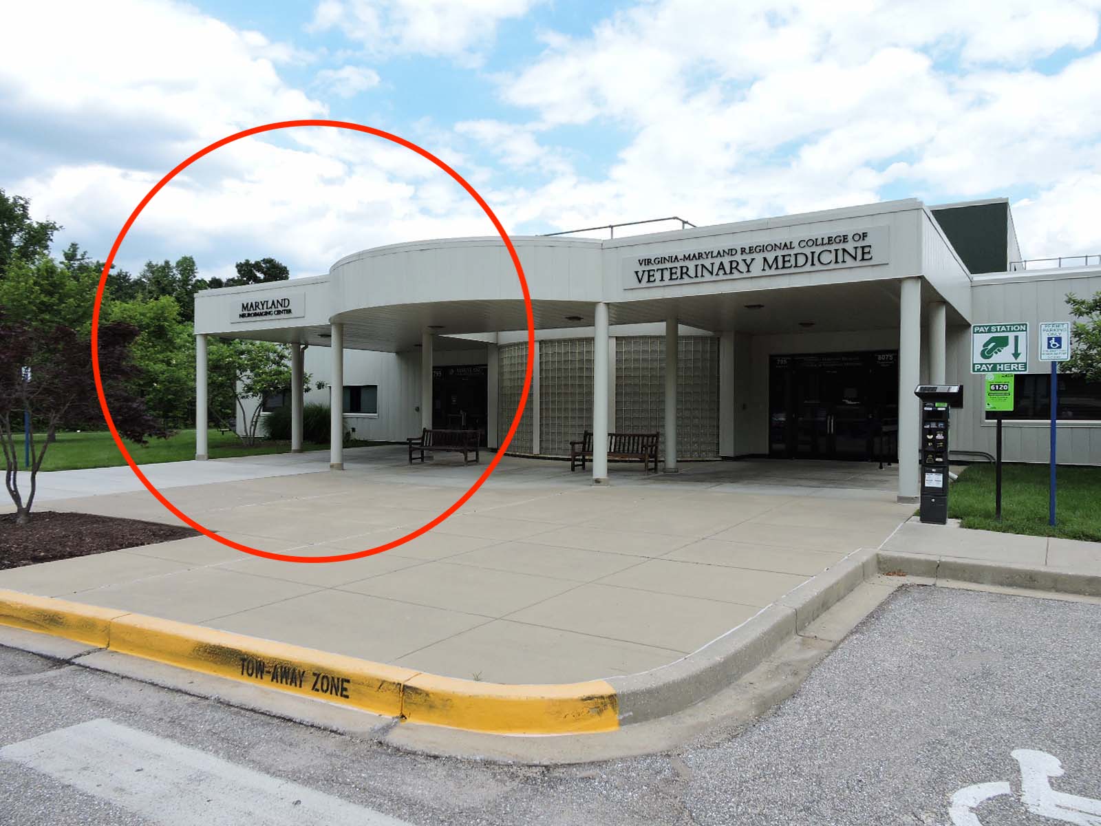 Front of the Avrum Gudelsky building with the MNC door circled in red.